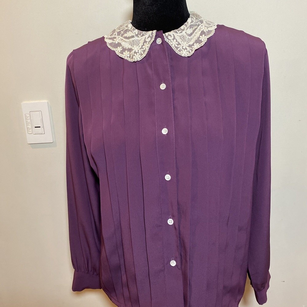 Vtg LA CHINE PETITE GALINDA WANG Blouse Women's Petite 4p Pleated L/S Purple
